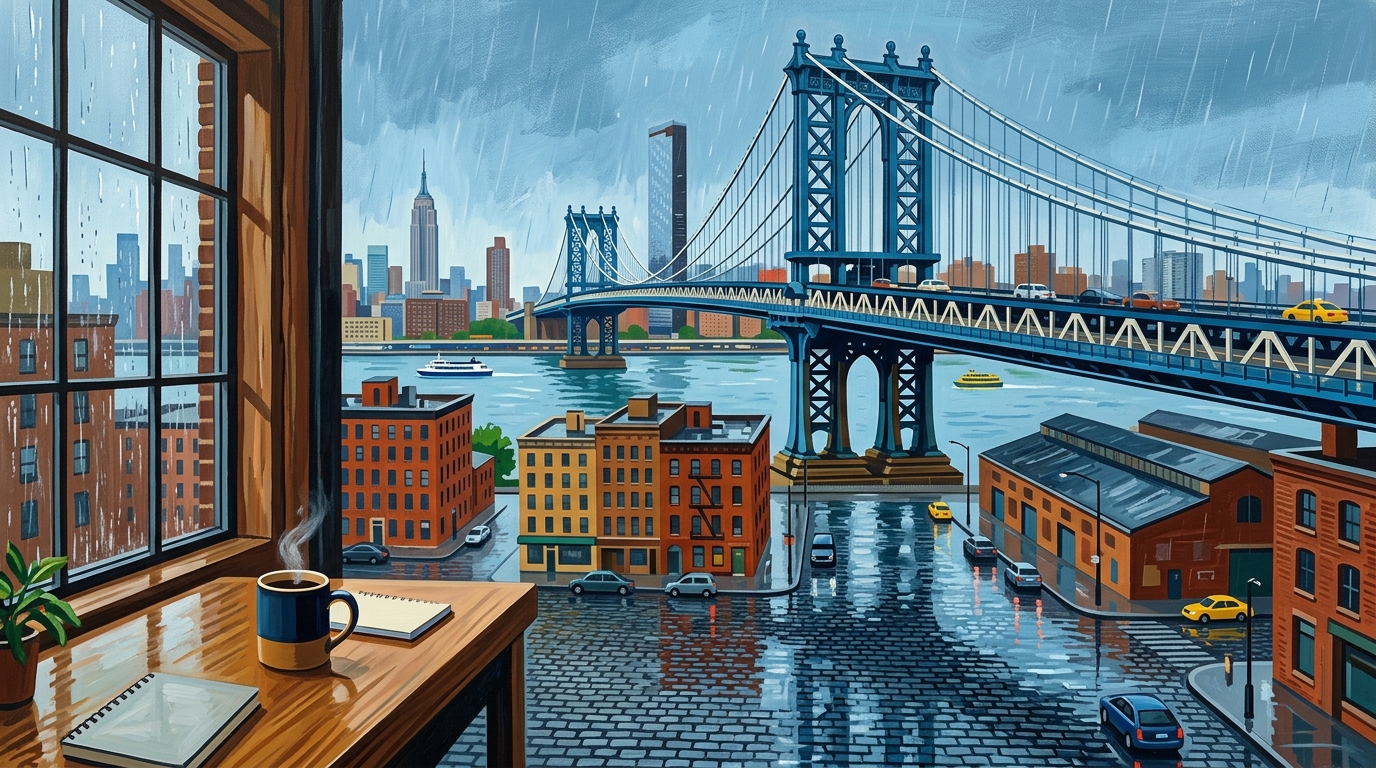 Rainy NYC Loft Window in David Hockney Style