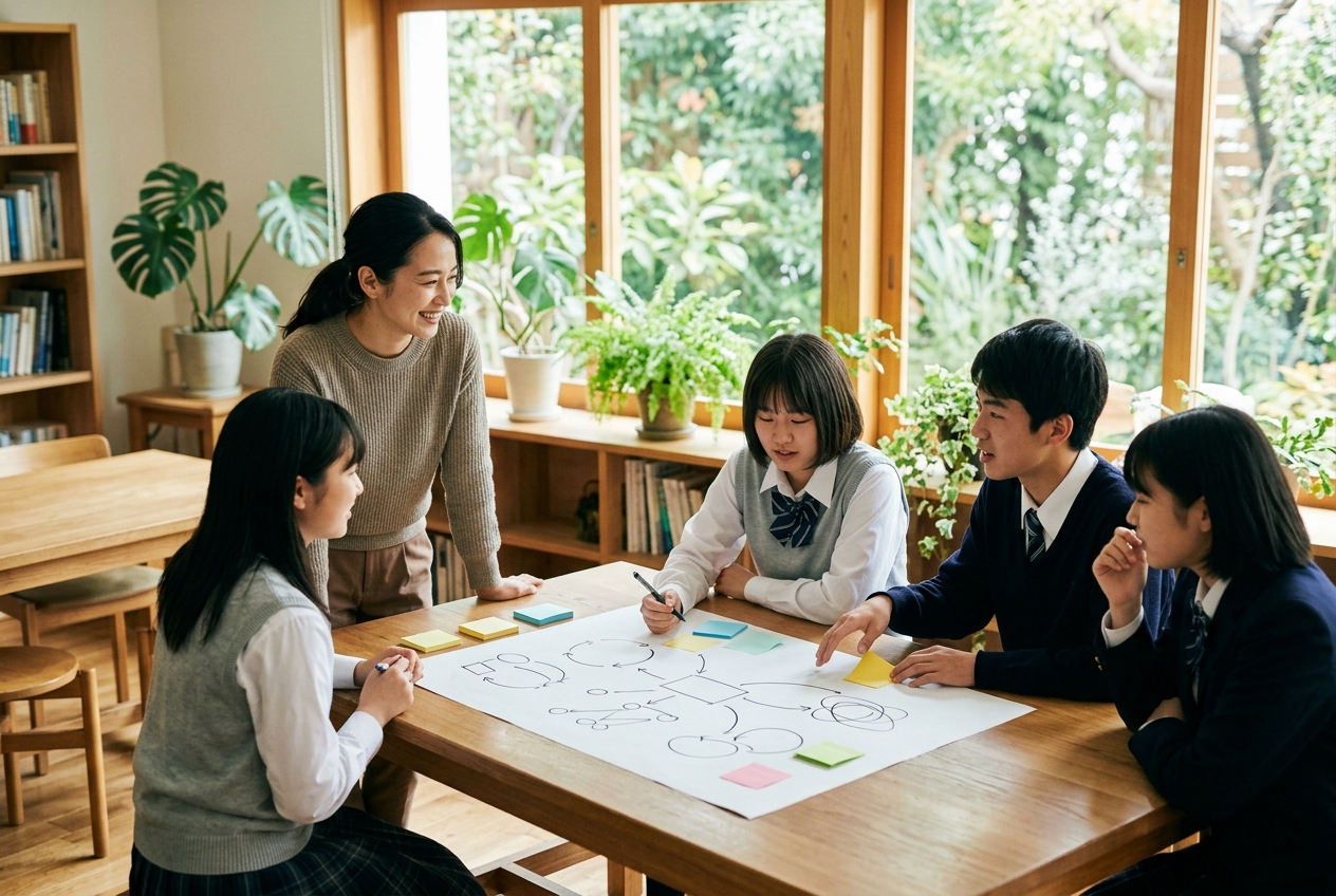 自然光の教室で対話する生徒と先生